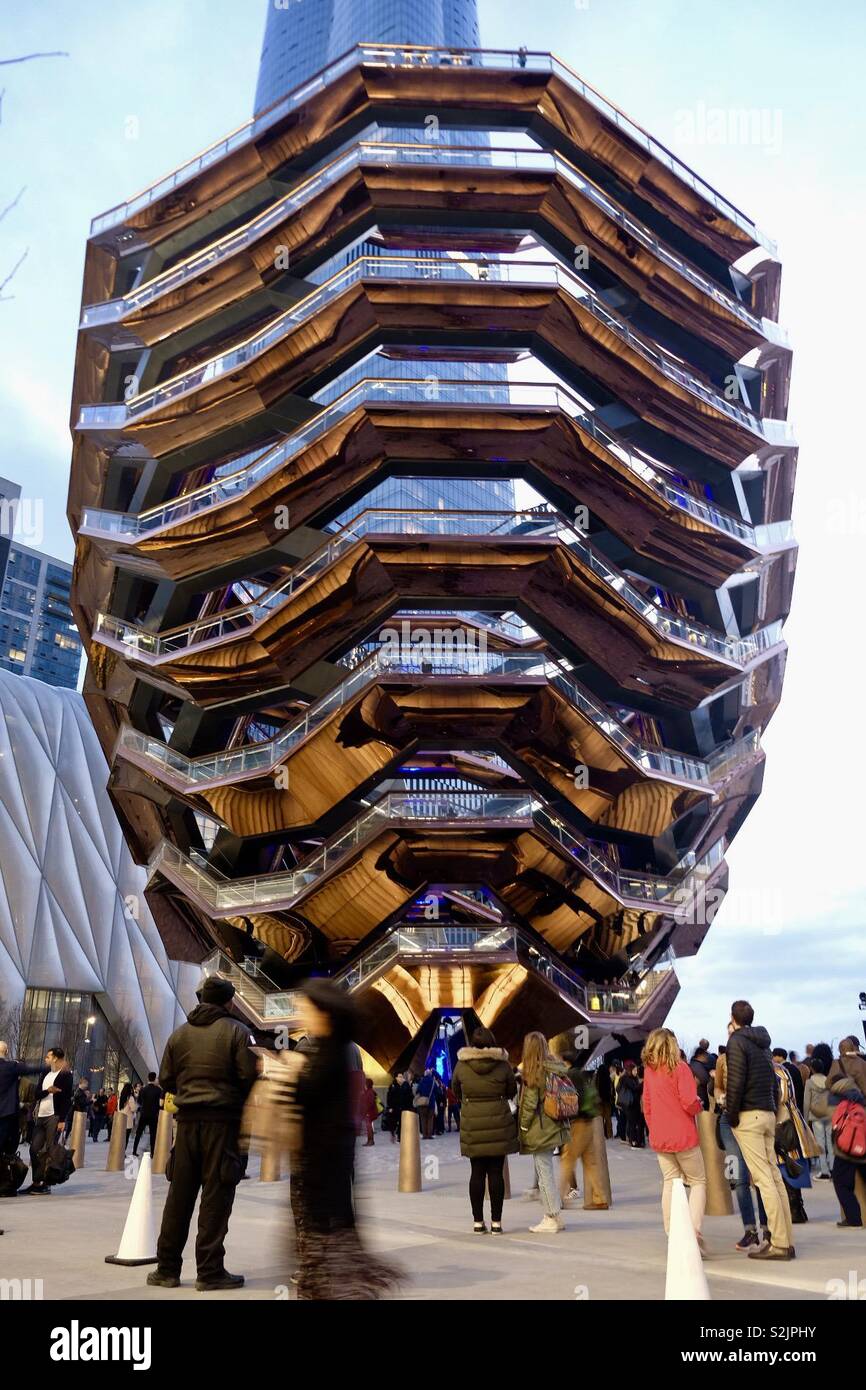 The Vessel st Hudson Yards glowing in the night light. Looks like ready to take off, Stock Photo
