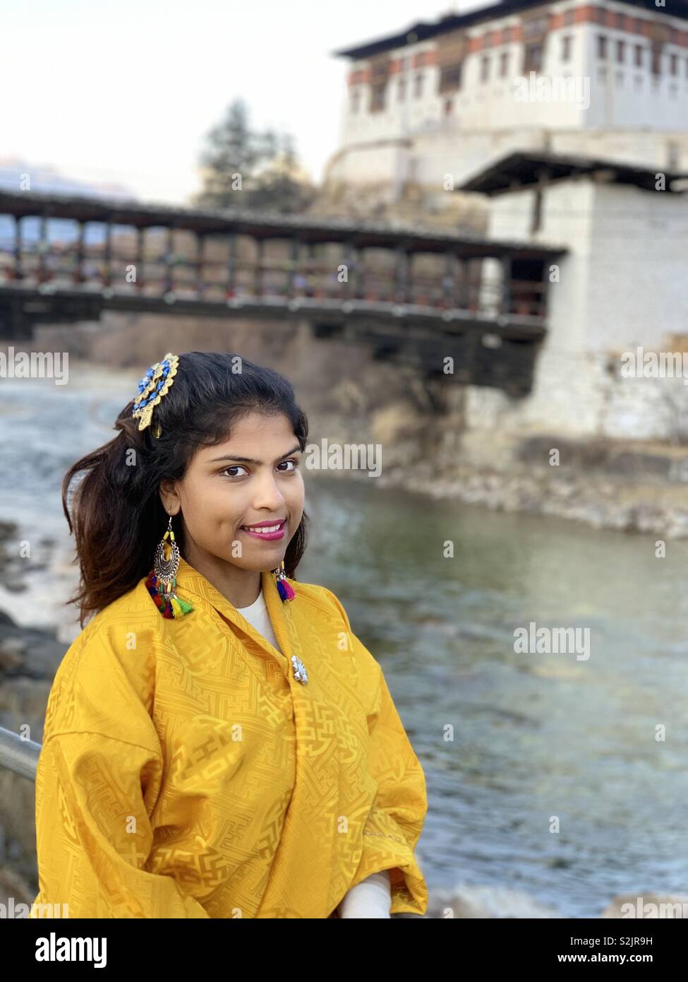 Indian girl, Oriental Diva, Bhutanese traditional dress- Kira, Asian girl Stock Photo