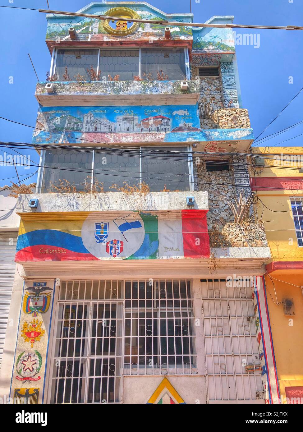 Painted facade in Old Town Santa Marta, Colombia. - Smartphone Captured Stock Image