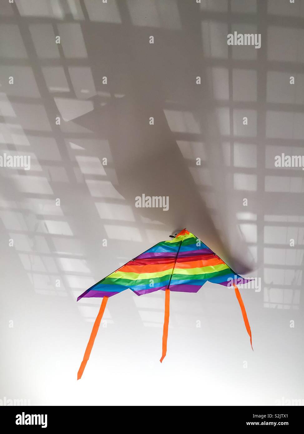 Multicolored kite seen against a ceiling. Canada. Interior decor. - Smartphone Captured Stock Image