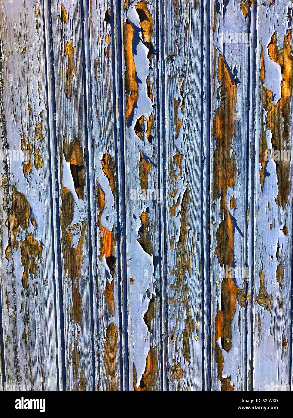 Textured wooden door with flaking pale blue paint - Smartphone Captured Stock Image