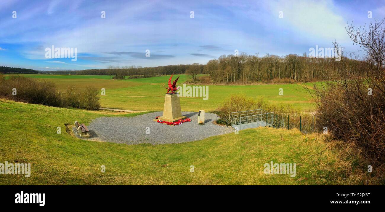 Mametz Wood Memorial to the 38th Welsh Division who successfully cleared the wood but suffered over 4000 casualties. - Smartphone Captured Stock Image