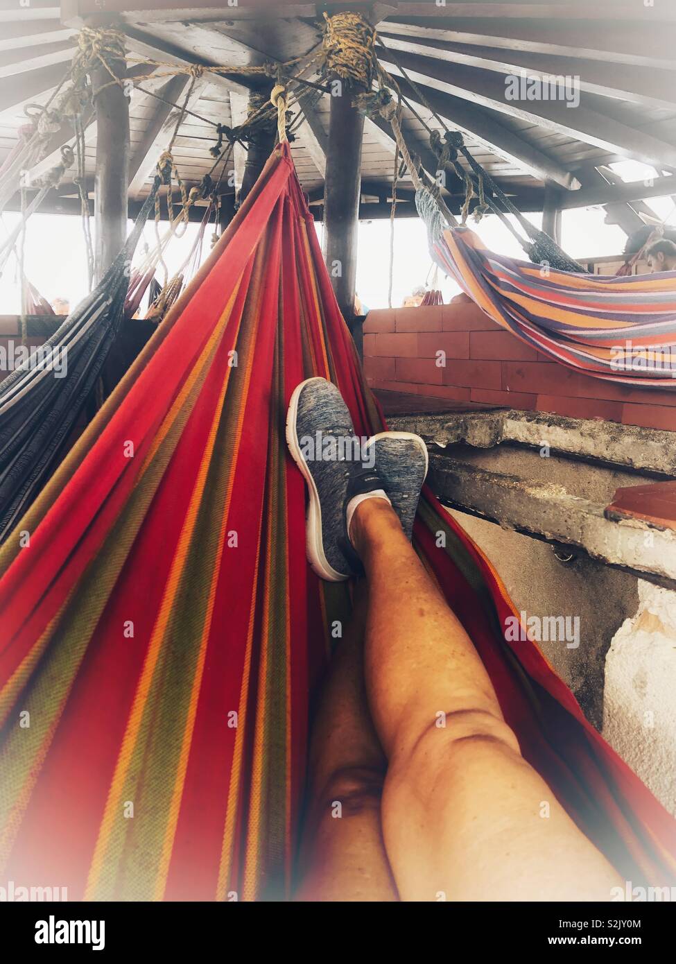 Just hanging around in a colourful hammock. Stock Photo