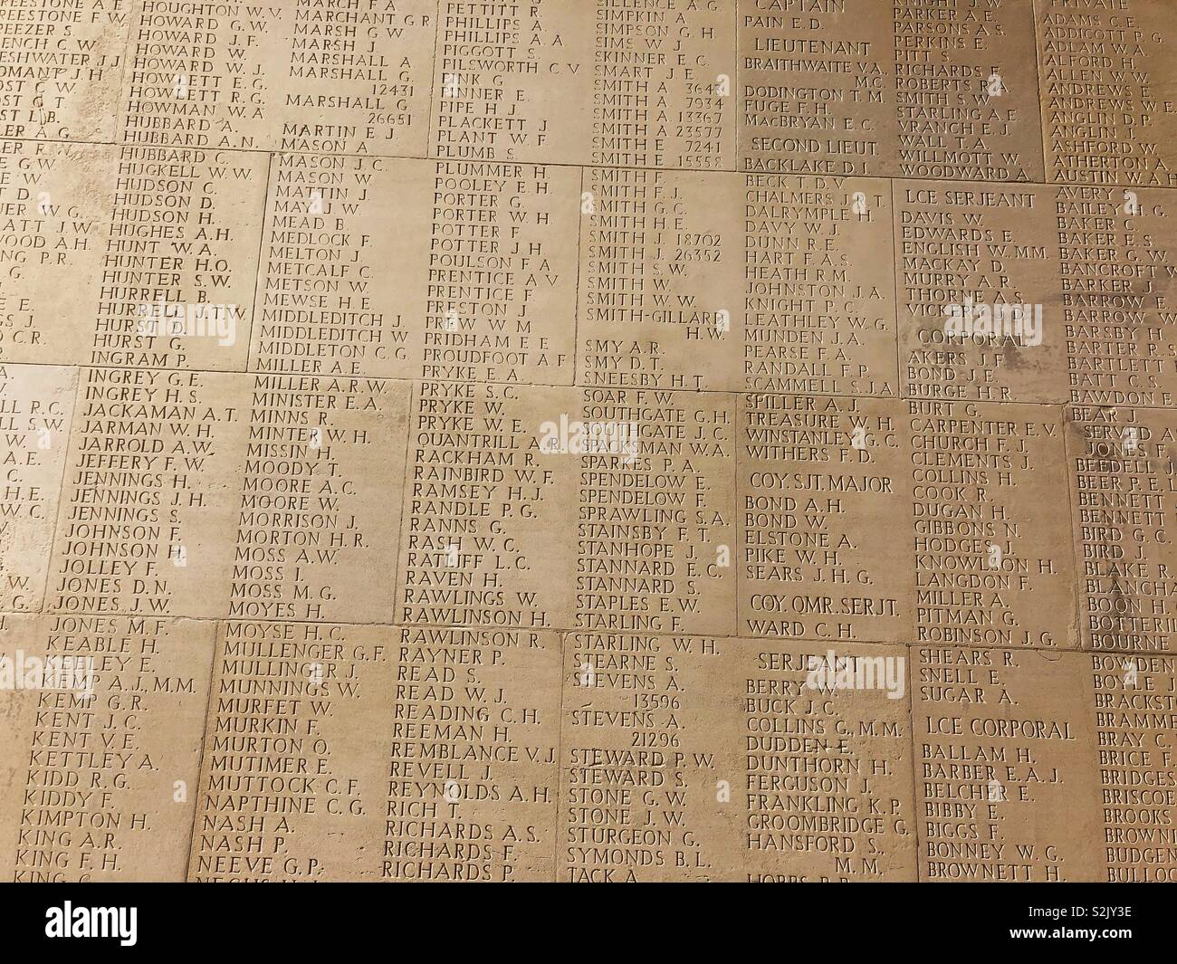 Some of the 72,000 names on the Thiepval Memorial to those missing after the Battle of the Somme. Stock Photo
