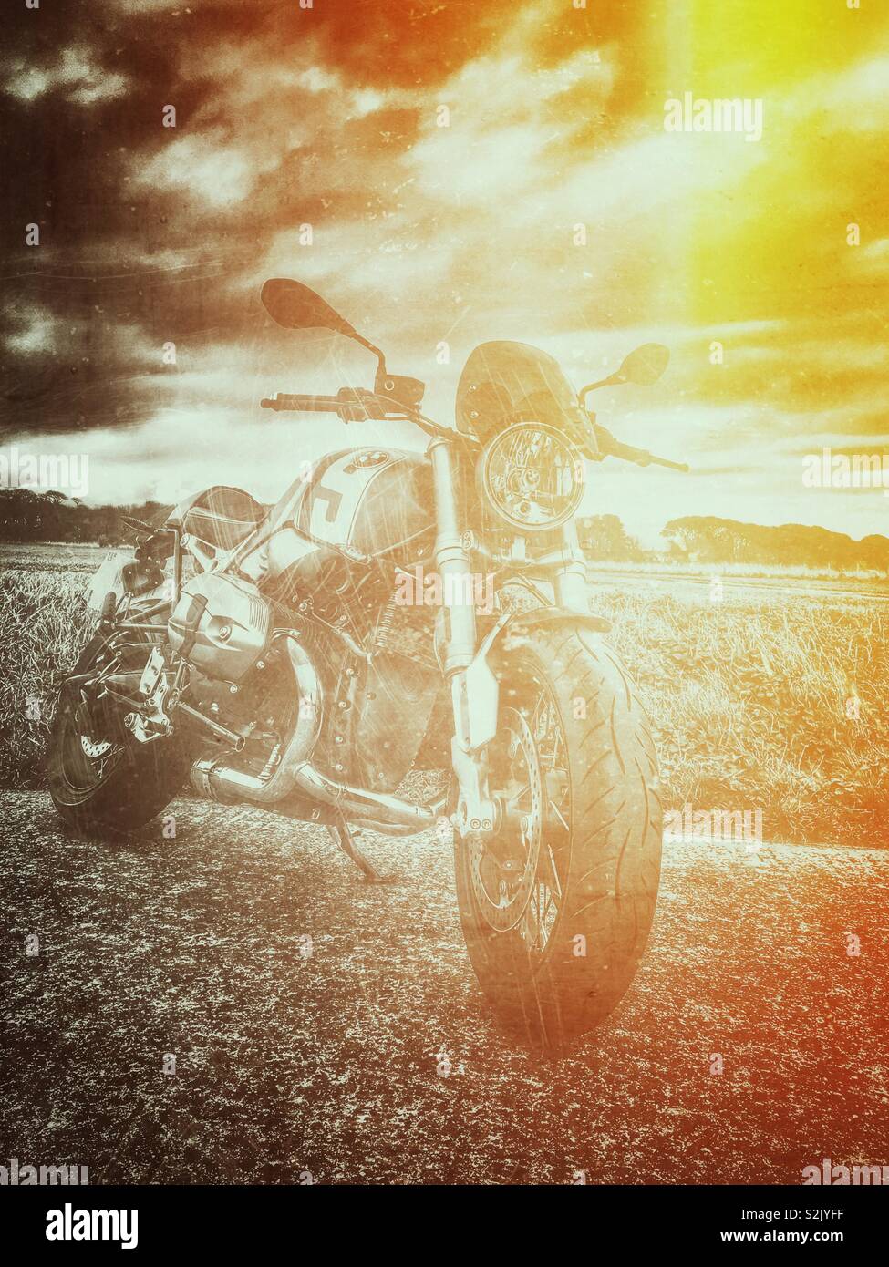 Instagram type photo of BMW RNineT hipsta  type retro motorcycle Stock Photo