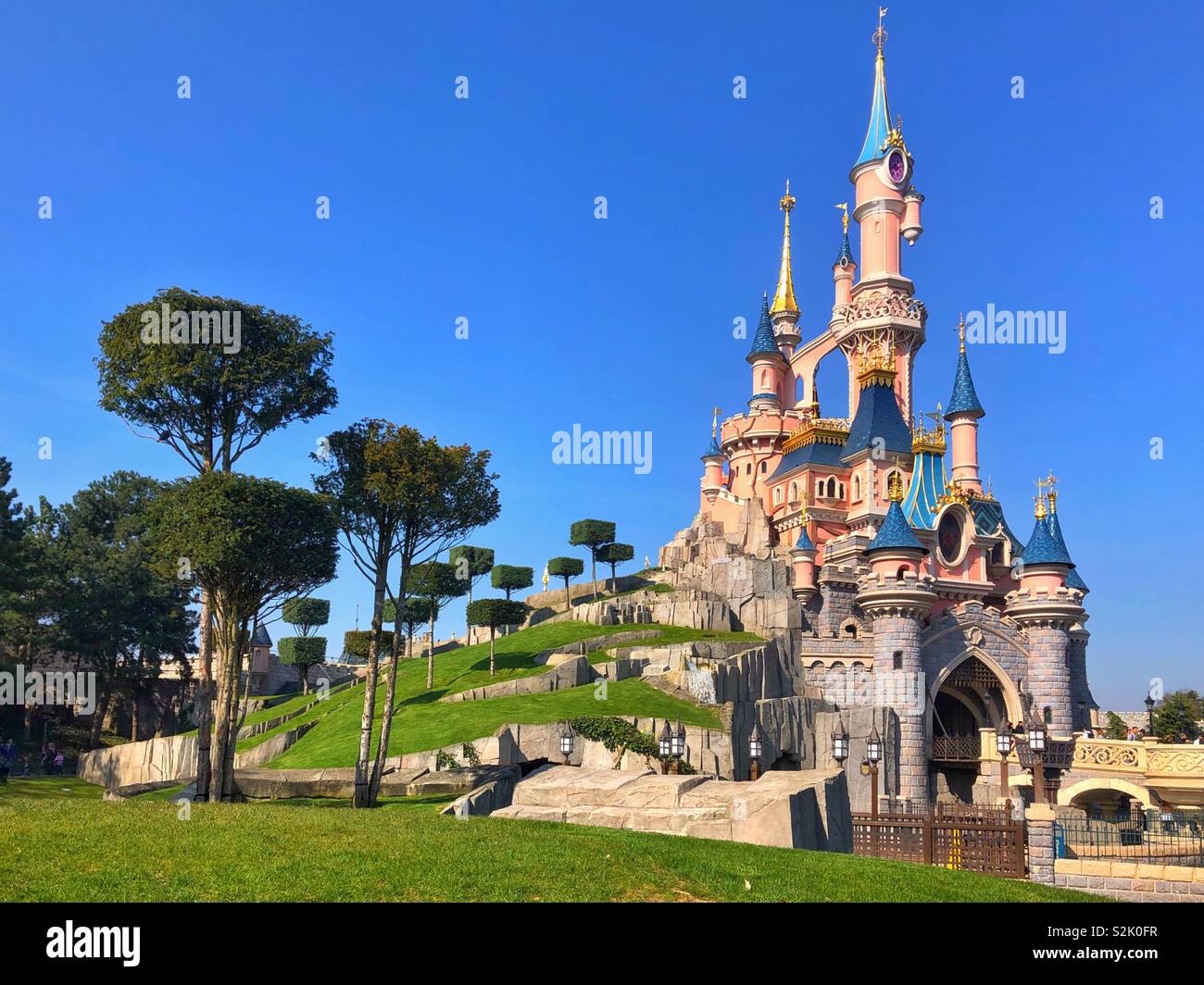 The magical kingdom Disney castle at Disneyland Paris, March. Stock Photo