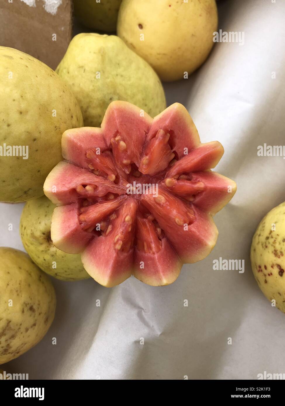 Fresh guava on sale at an outdoor market in Rio de Janeiro, Brazil. - Smartphone Captured Stock Image