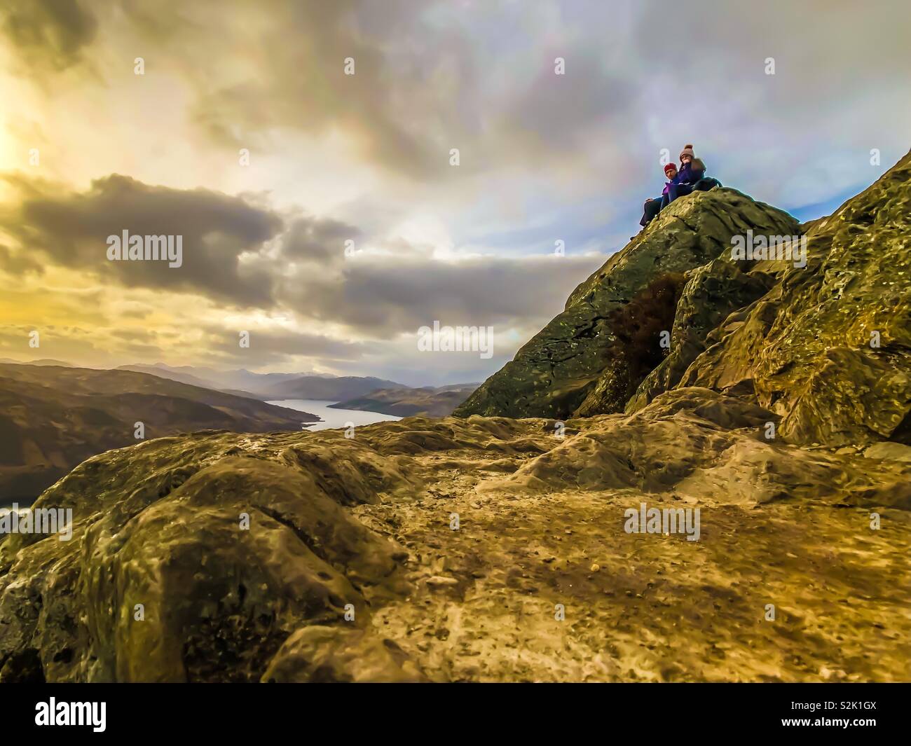 At the top of Ben A’an in the Trossachs, 1512 feet. Loch Katrine in the background. Scotland. UK. - Smartphone Captured Stock Image