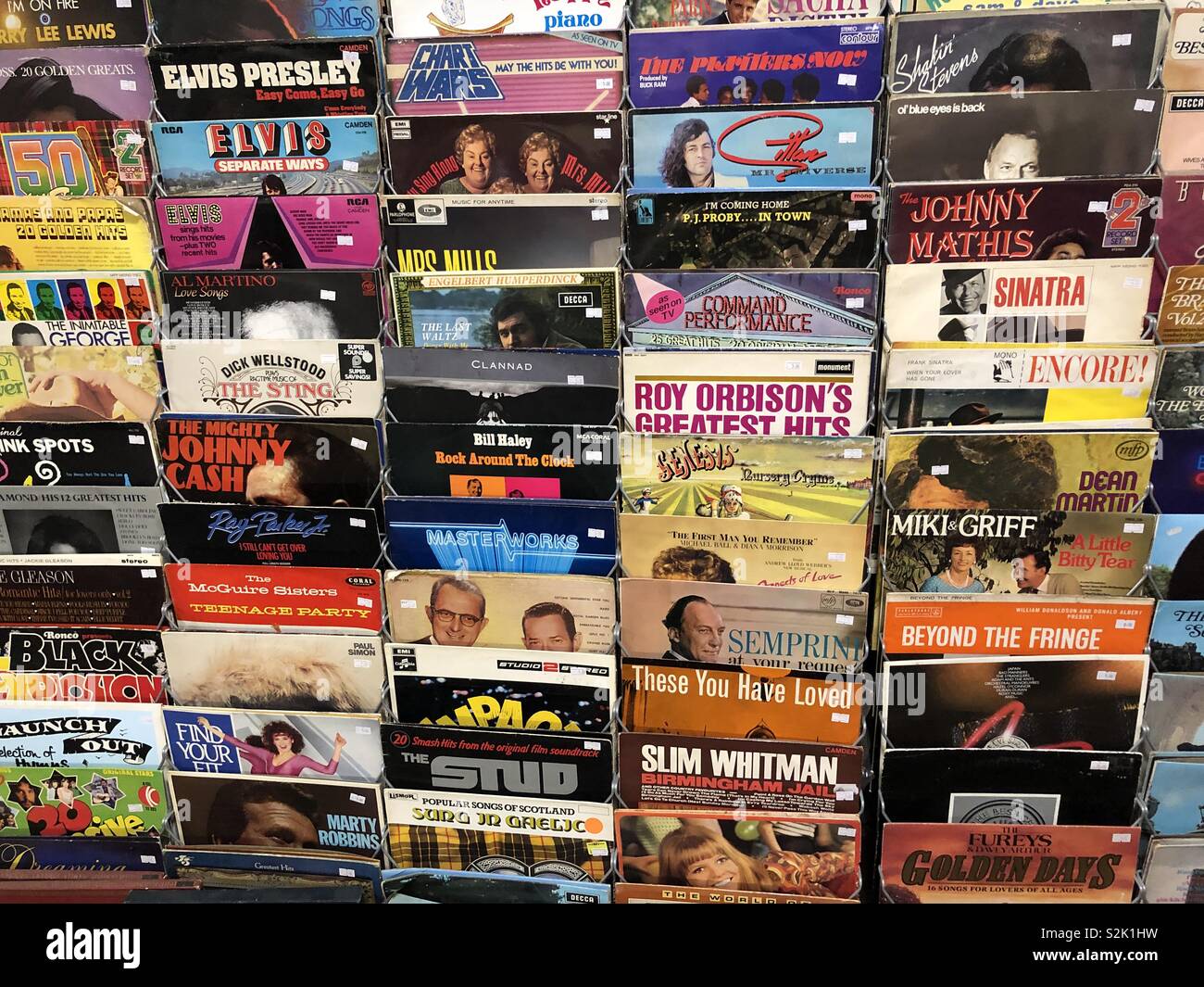 Display of vintage album sleeves on an English market stall - Smartphone Captured Stock Image