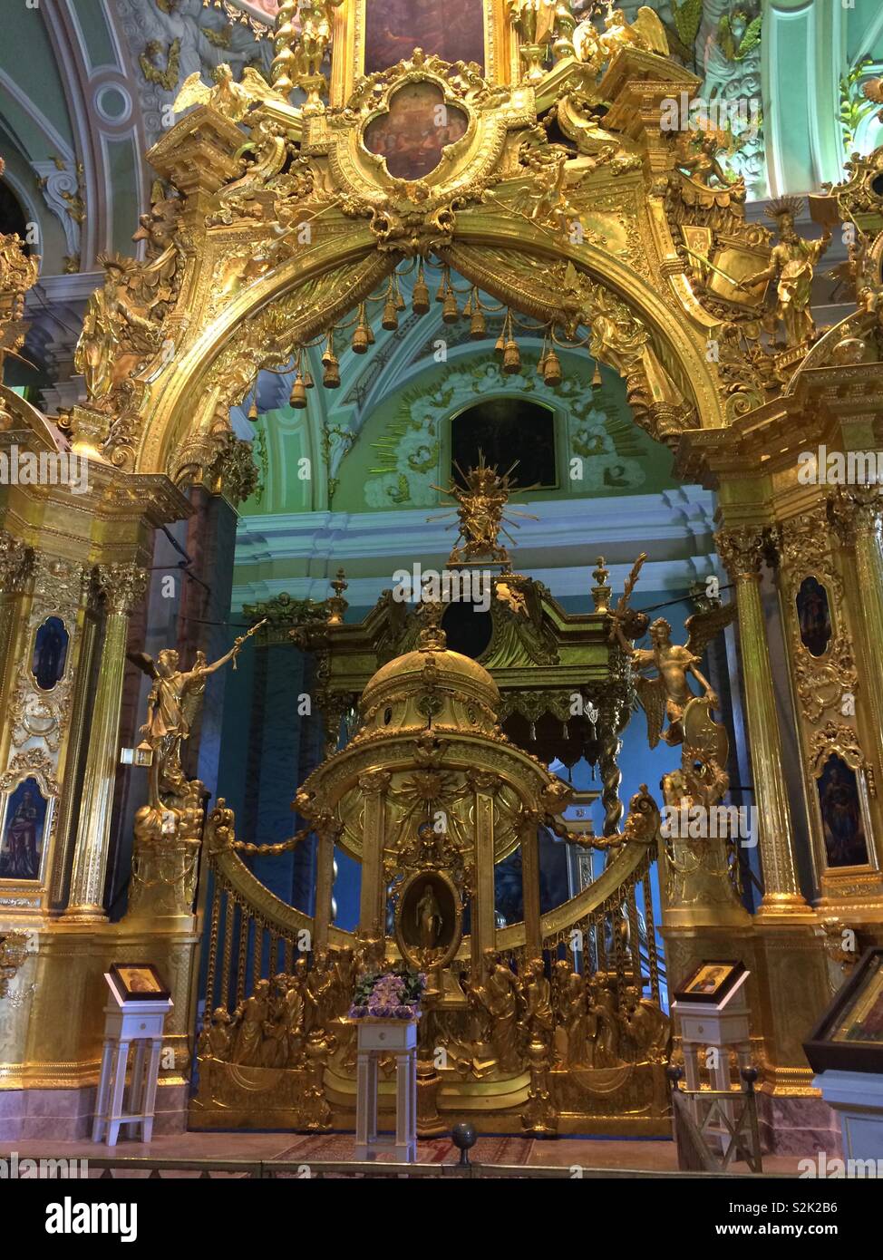 Gold high altar inside the Russian orthodox cathedral in Peter and Paul fortress in St. Petersburg Russia Stock Photo