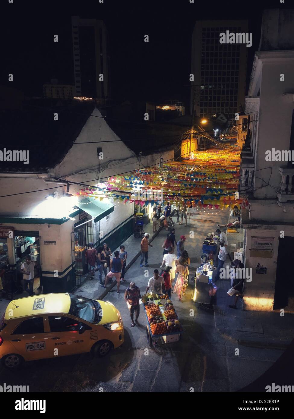 Night scene in the Getsemani neighbourhood in Cartagena, Colombia. - Smartphone Captured Stock Image