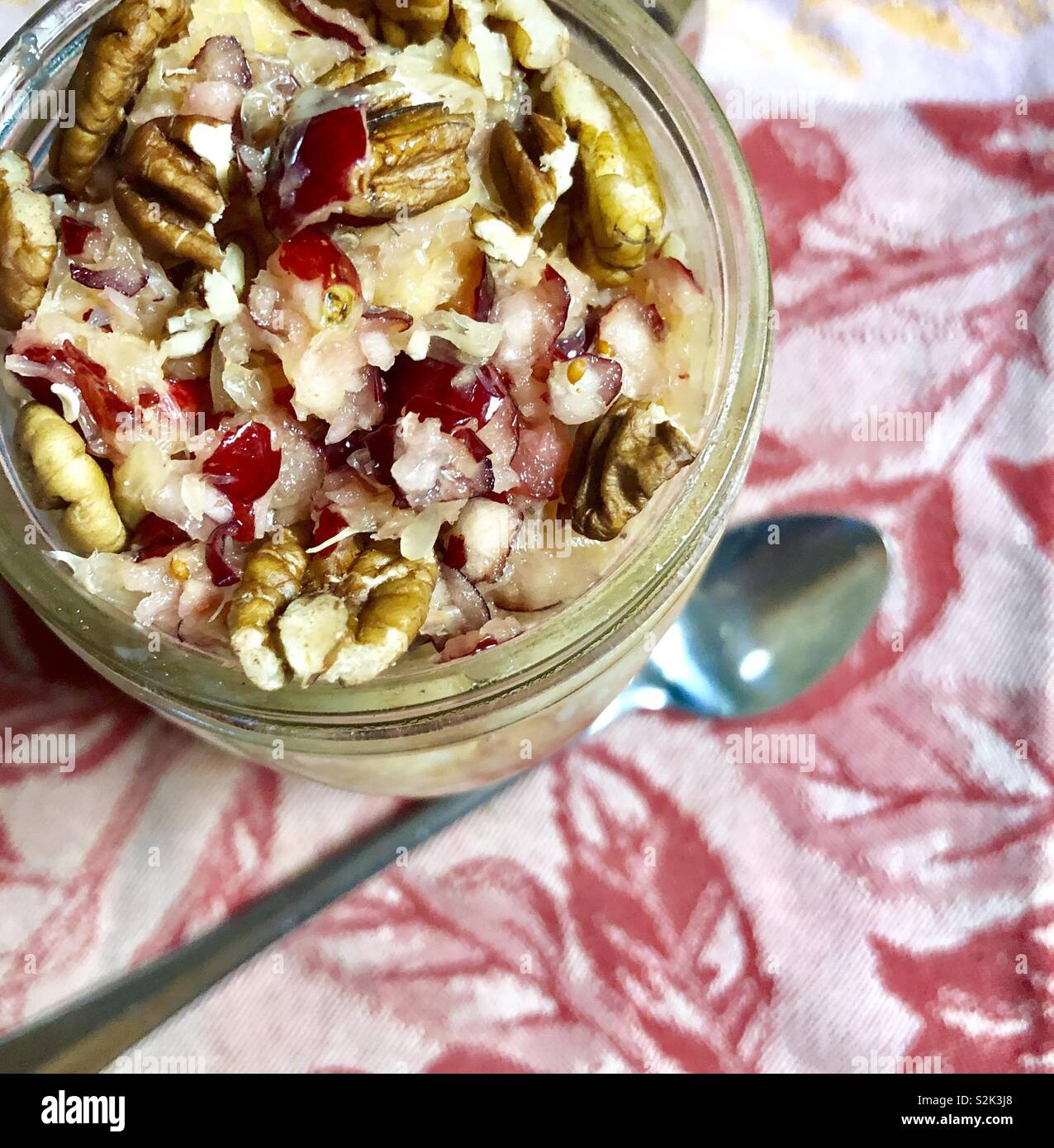Berry breakfast parfait, overnight oats, red floral Stock Photo Alamy