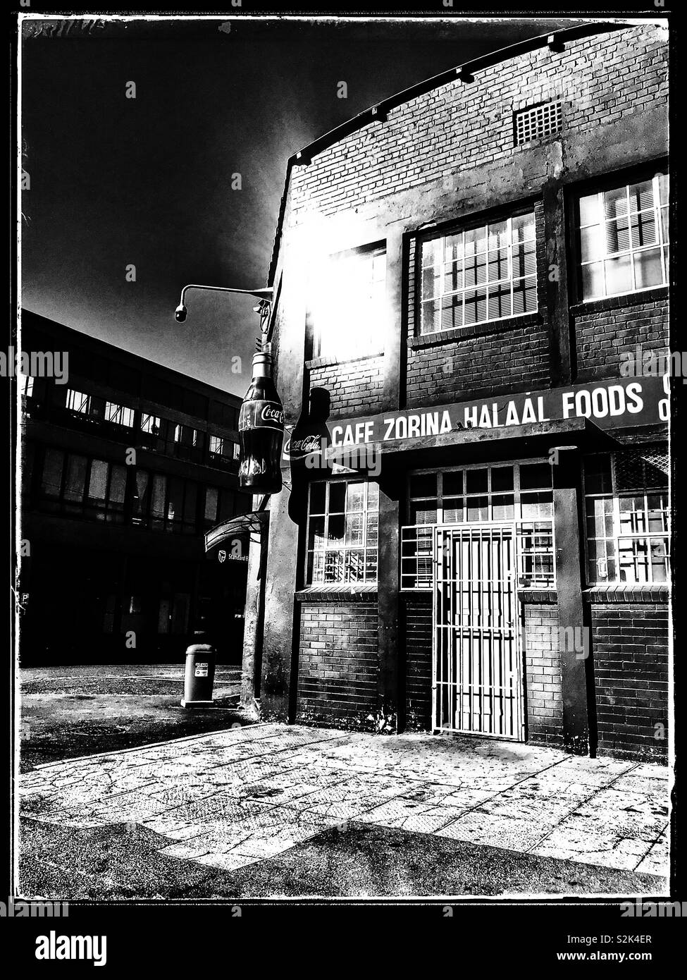 Cafe Zorina halaal foods, Paarden Island, Cape Town. Black and white photo. - Smartphone Captured Stock Image