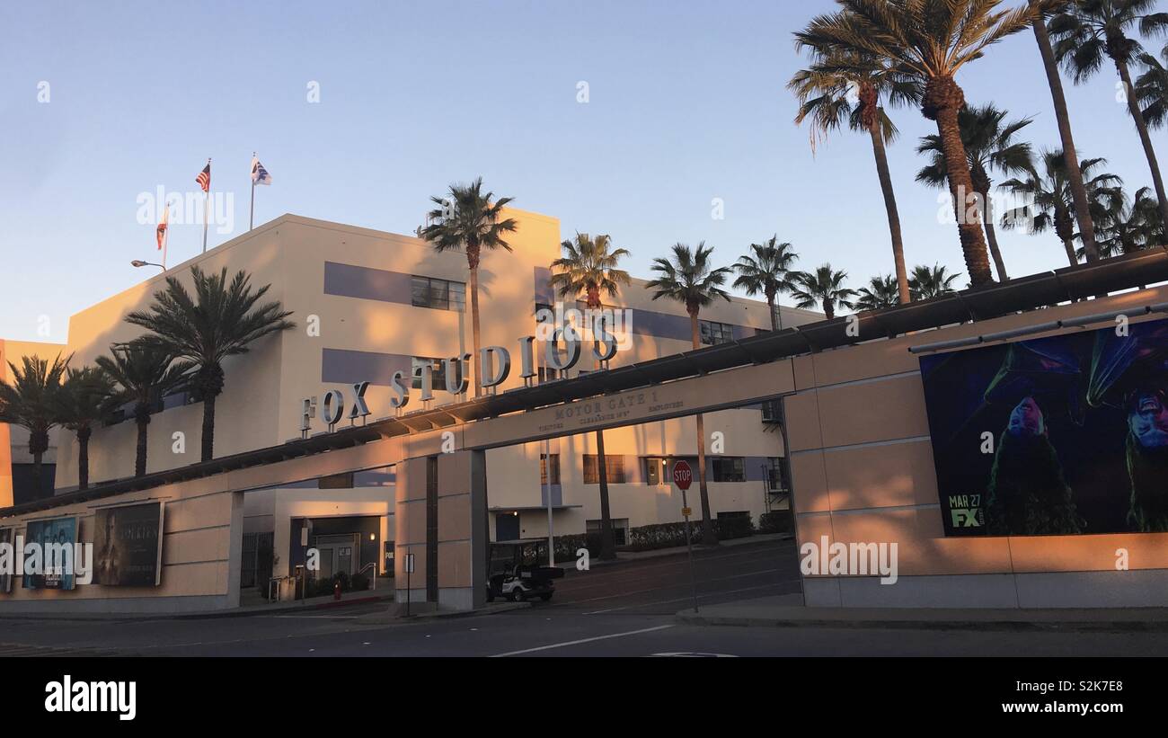 LOS ANGELES, CA, MARCH 2019: exterior of the main gate at Fox Studios, seen from  Pico Boulevard, near Beverly Hills, on a spring morning - Smartphone Captured Stock Image