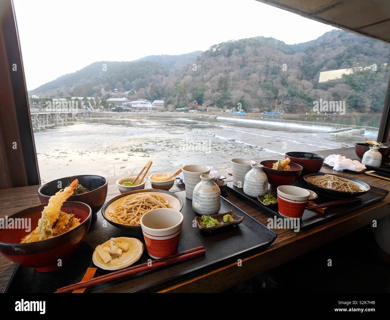 Soba and Tempura set meal Lunch at Yoshimura restaurant looking out to river view of Arashiyama Kyoto, Japan Stock Photo