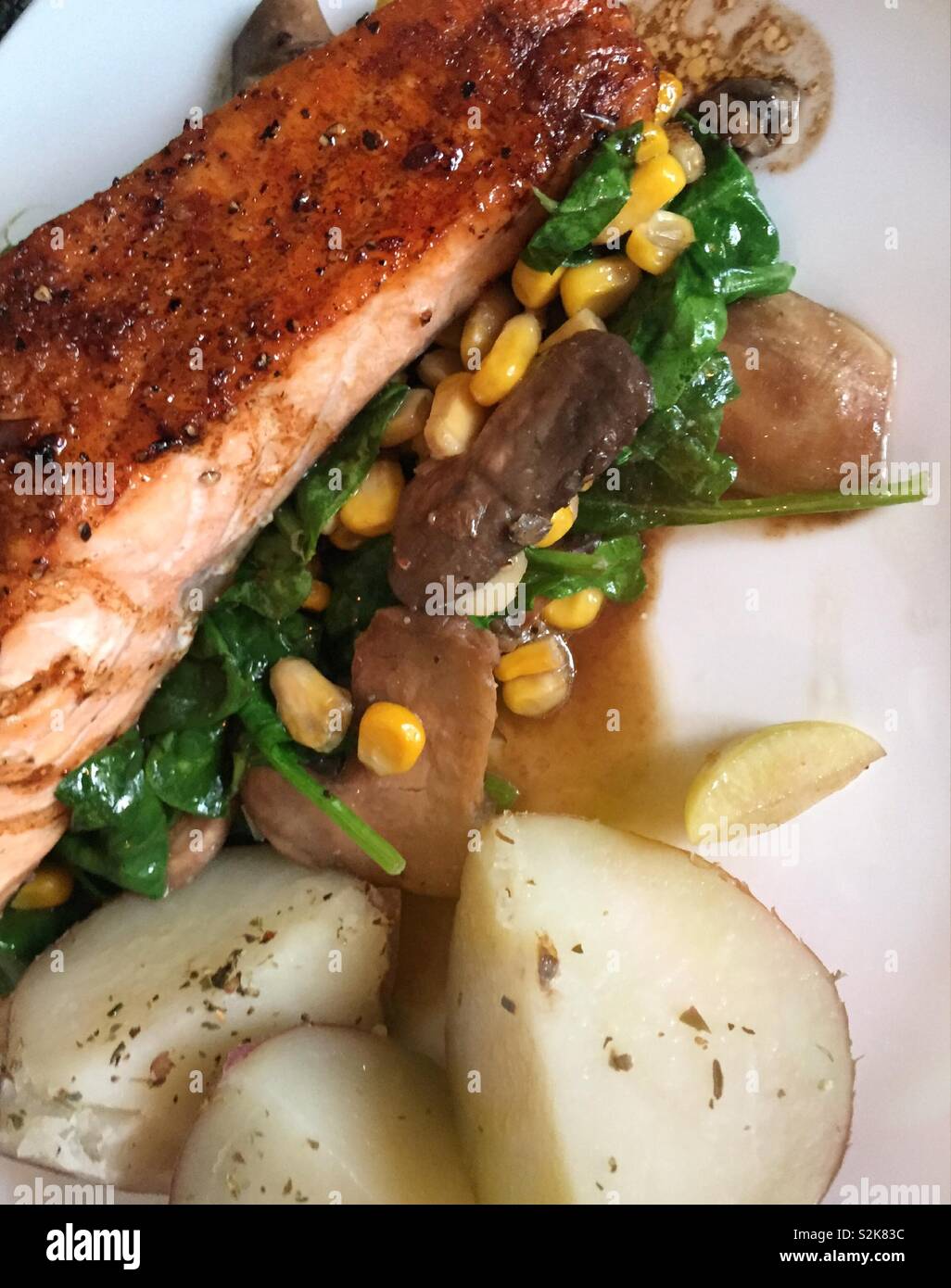Gourmet meal of seared salmon fillet on a bed of fresh spring vegetables and potatoes, USA - Smartphone Captured Stock Image