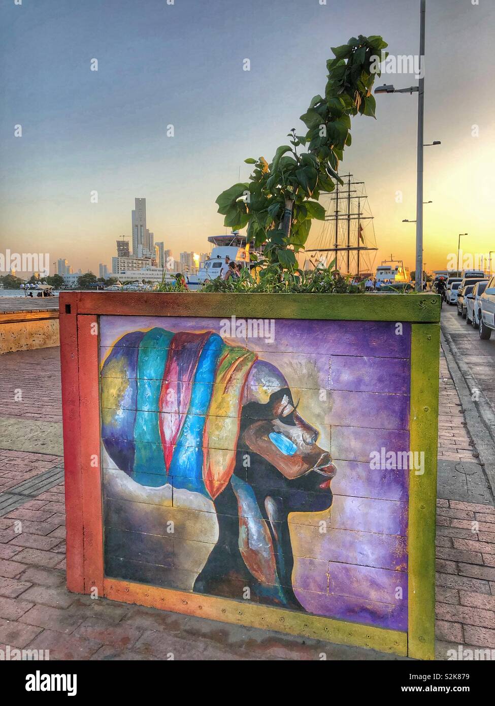 Colourful painted planters along the marina boardwalk in Cartagena, Colombia. - Smartphone Captured Stock Image