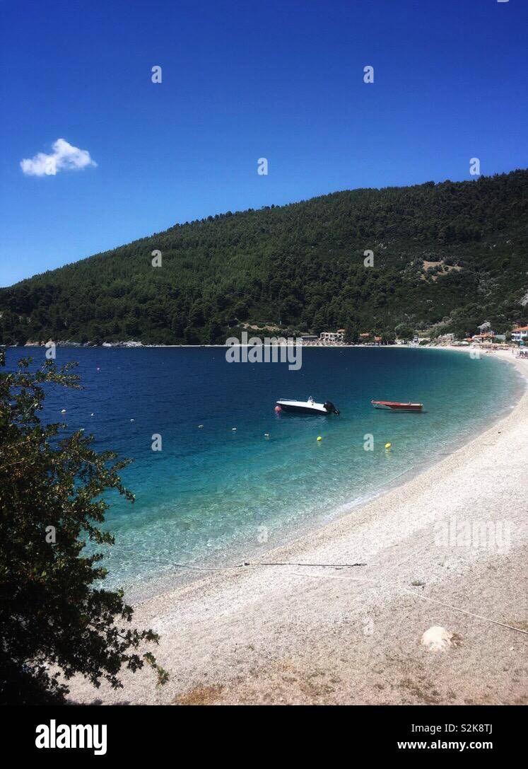 Panoramas beach on skopelos island, Greece, beautiful blue sea and beach. Stock Photo