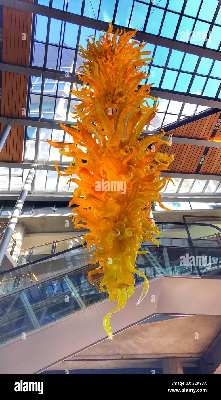 Chihuly glass sculpture hanging in the building in Bellevue Washington Stock Photo