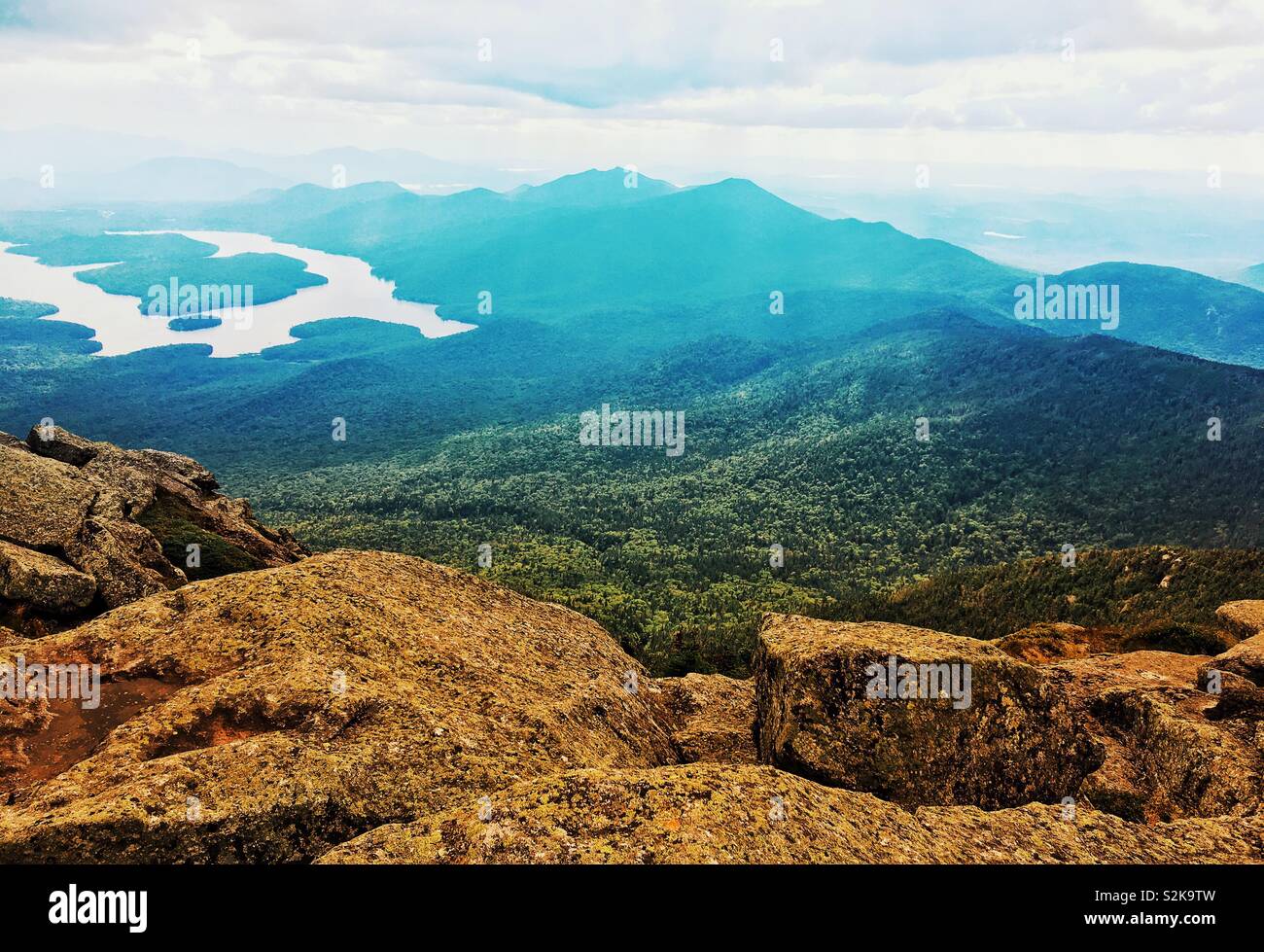 View of Lake Placid and Adirondack Mountains from the top of Whiteface Mountain in Wilmington, NY, USA - Smartphone Captured Stock Image