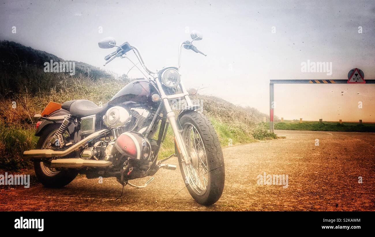 Harley Davidson chopper lowrider style retro motorcycle. Shot in Instagram style. Stock Photo