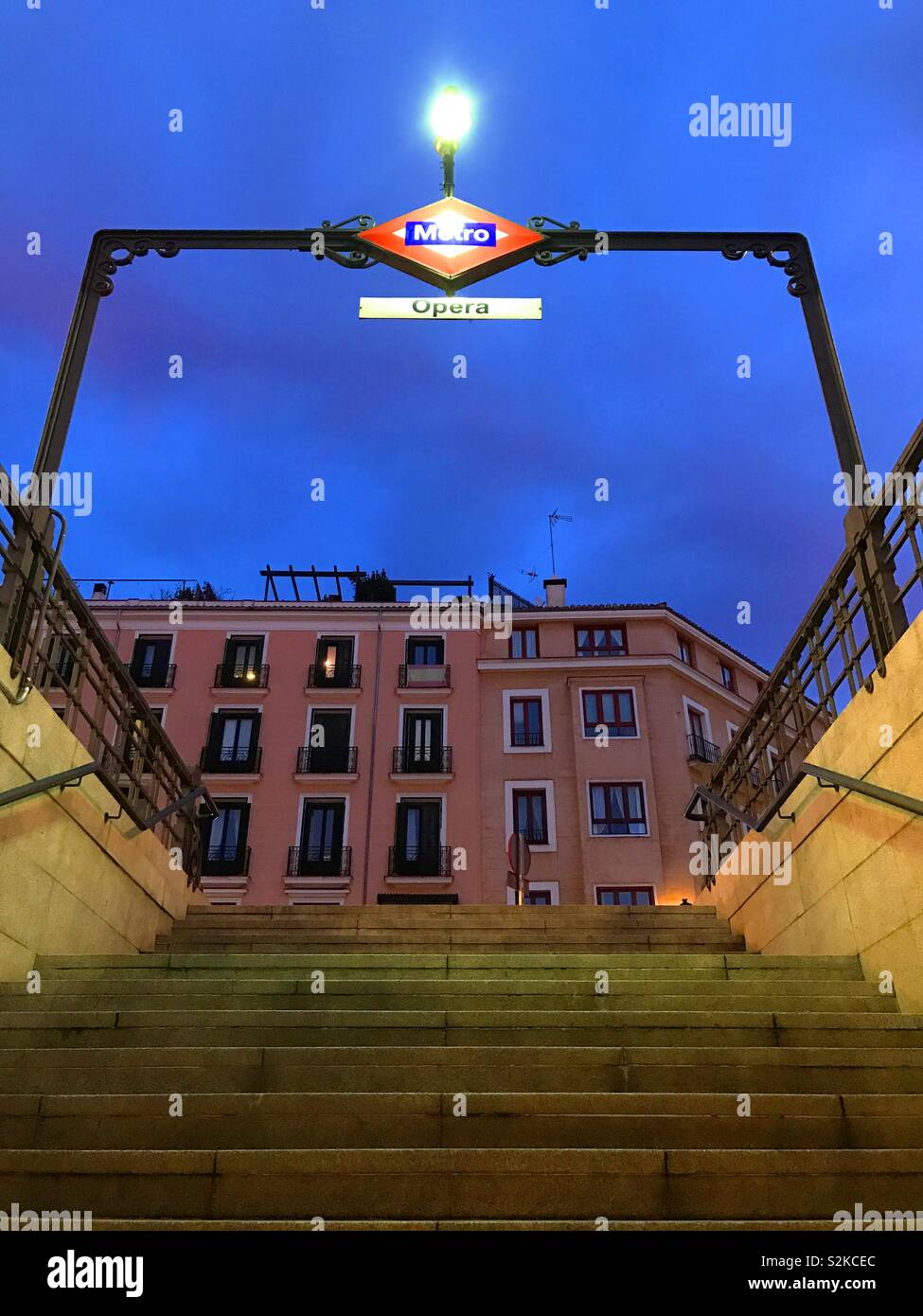 Underground entrance, night view. Isabel II square, Madrid, Spain. - Smartphone Captured Stock Image