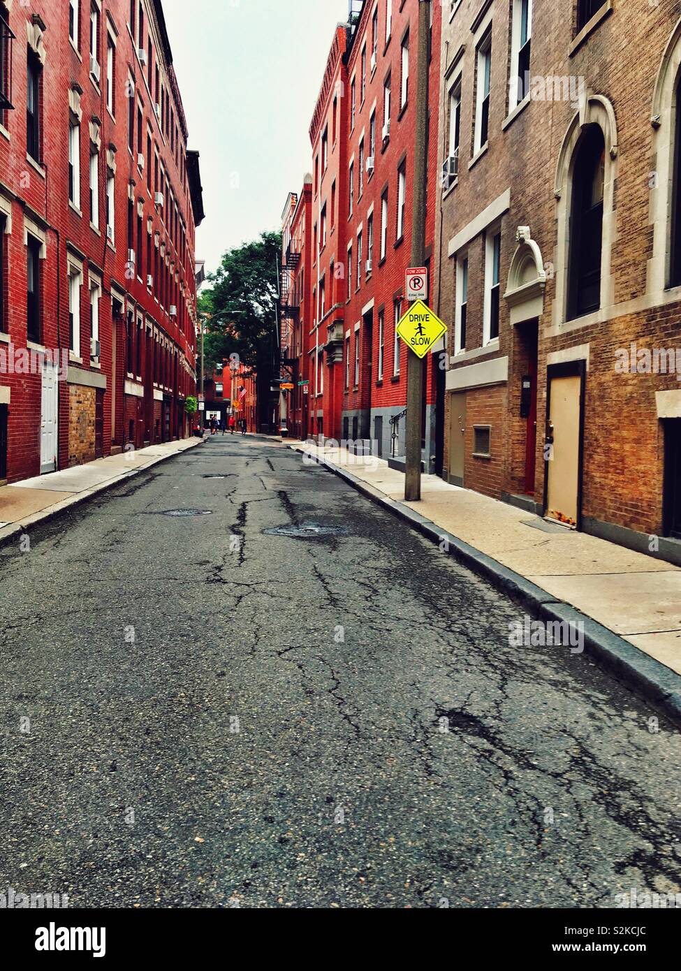 Downtown Boston sidestreet lined with old tall buildings - Smartphone Captured Stock Image