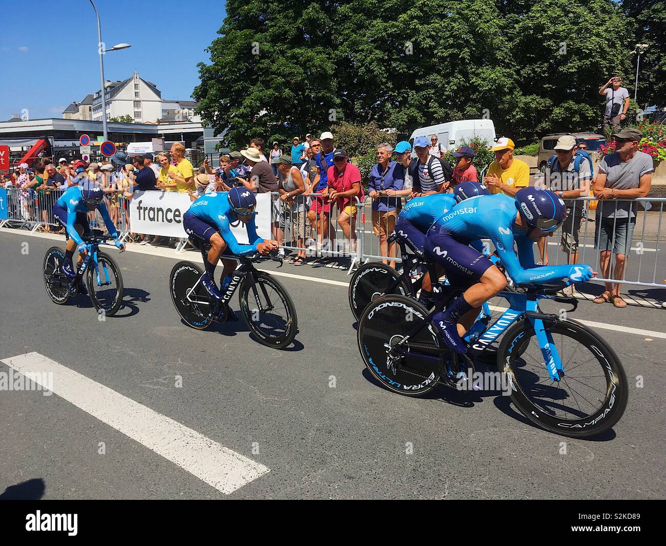 Cholet, France, 9th July, 2018. Mikel Landa and Movistar Team on stage three of the Tour de France, the team time trial. Credit: Lenore Humes Stock Photo