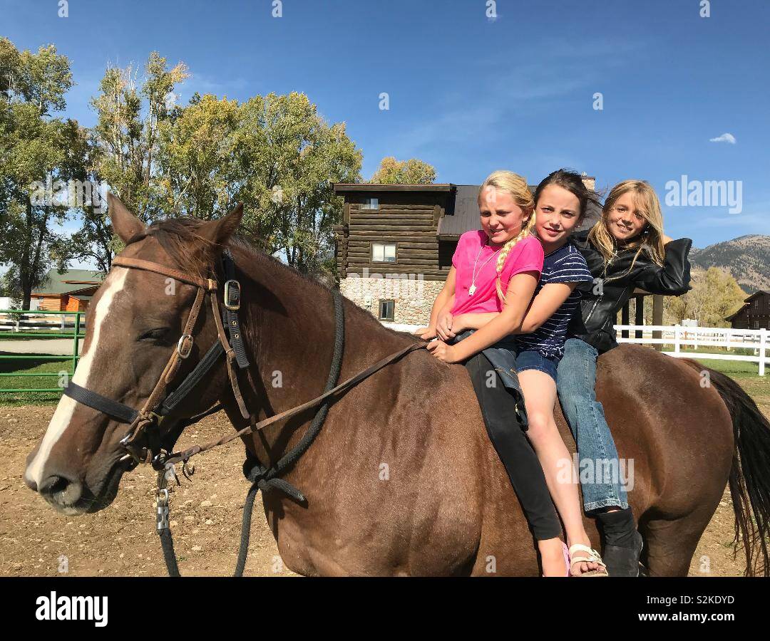 Three young girls on horseback having a fun time Stock Photo - Alamy
