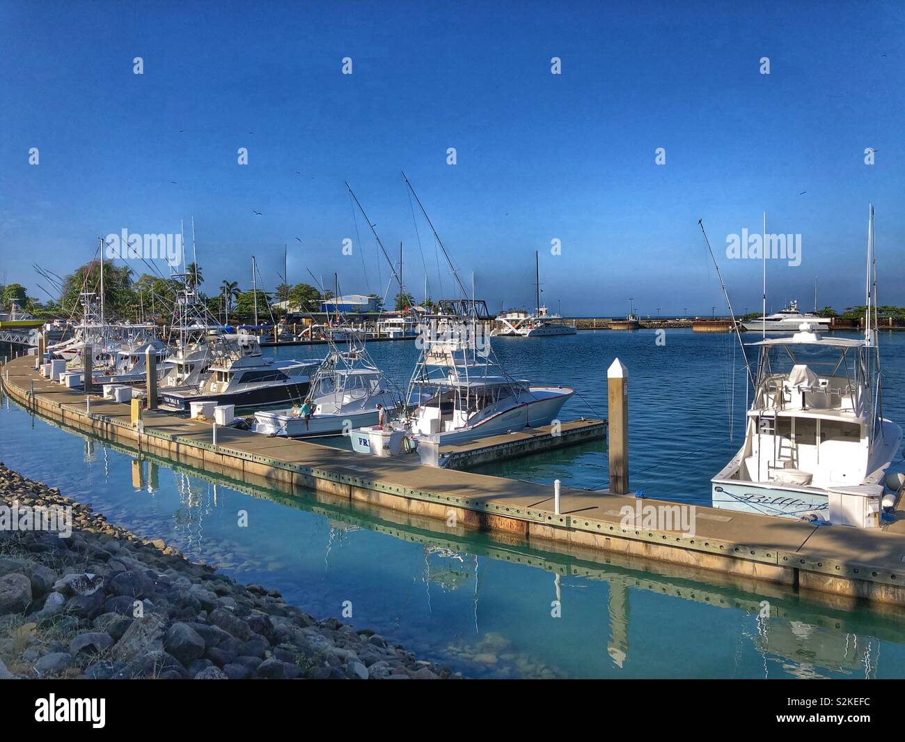 Fishing boats moored at the marina in Costa Rica. - Smartphone Captured Stock Image