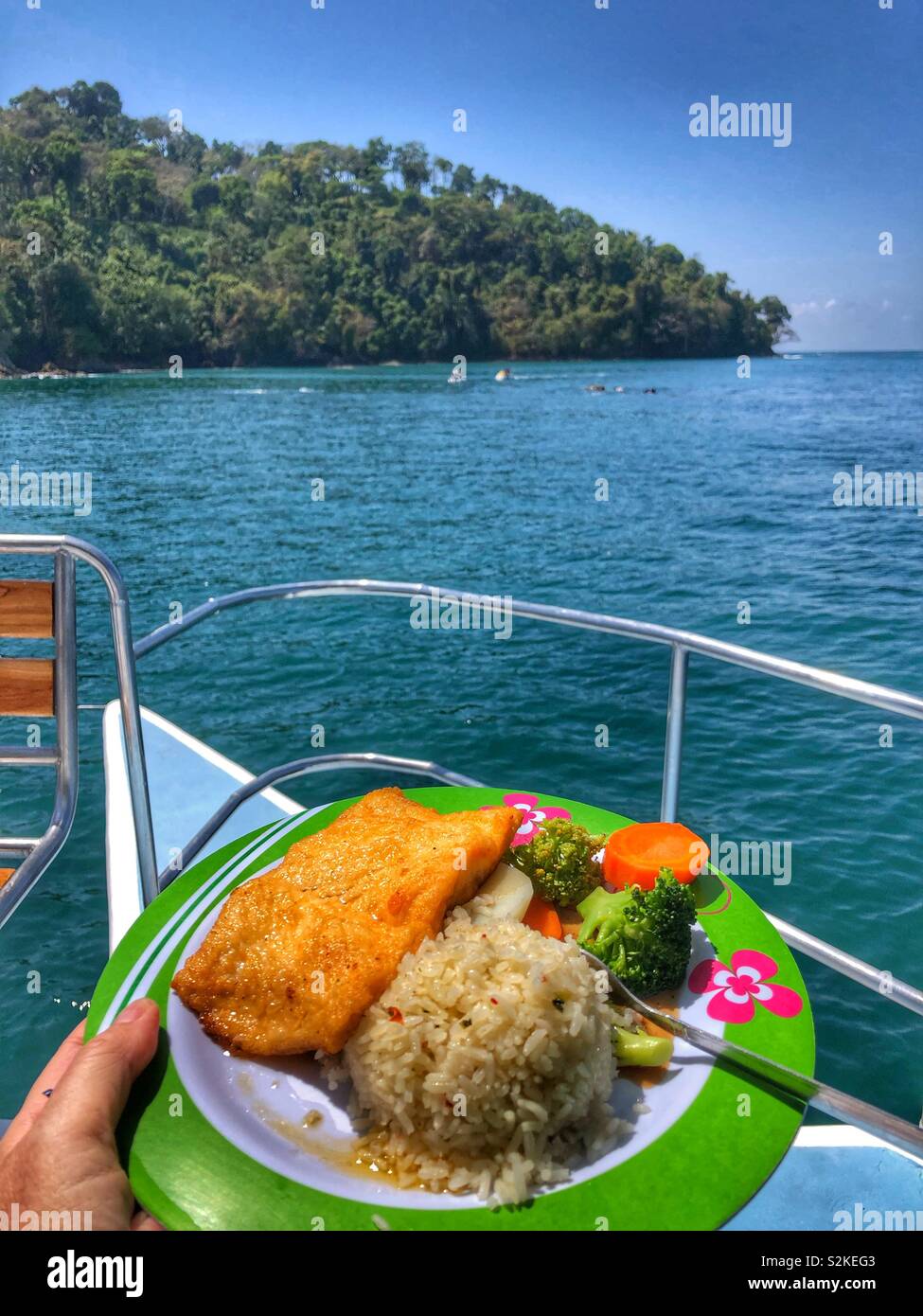 A tasty meal served on a catamaran boat. - Smartphone Captured Stock Image