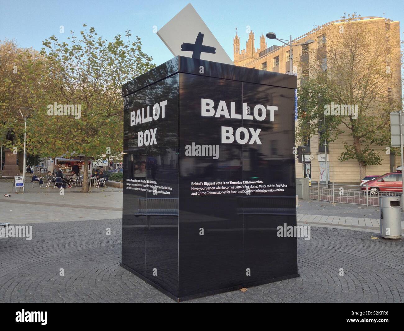 An oversized dummy ballot box in Bristol, UK publicises elections for the mayor of Bristol and the Avon and Somerset police and crime commissioner in November 2012. - Smartphone Captured Stock Image