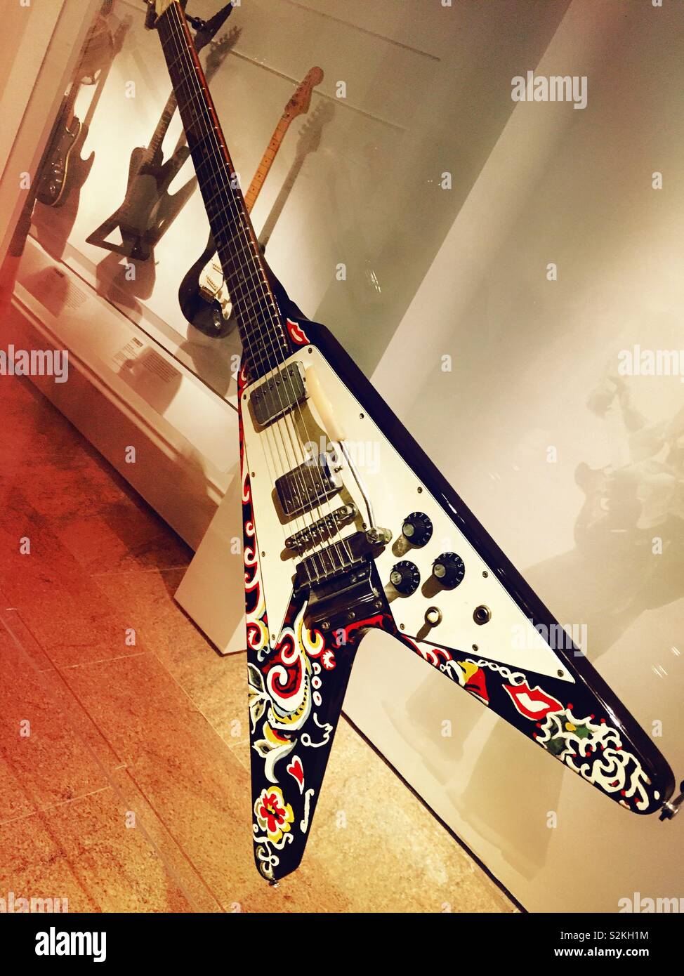 Guitar used by Jimi Hendrix to record all along the watch tower, Instruments of rock ‘n’ roll, play it loud, Metropolitan Museum of art NYC, USA - Smartphone Captured Stock Image