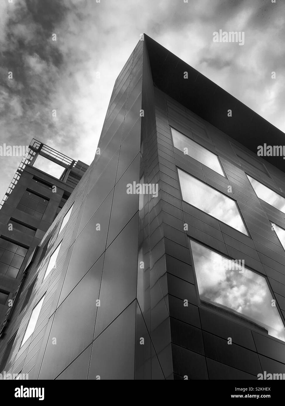 Black and white shot of a modern hotel. Stock Photo