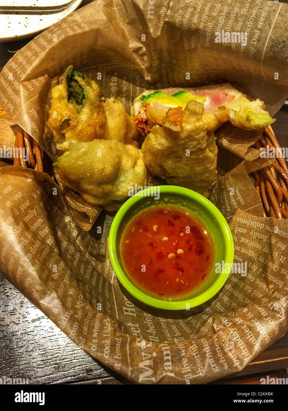 Fried mozzarella cheese with avocado and bacon with sweet chili sauce Stock Photo Alamy