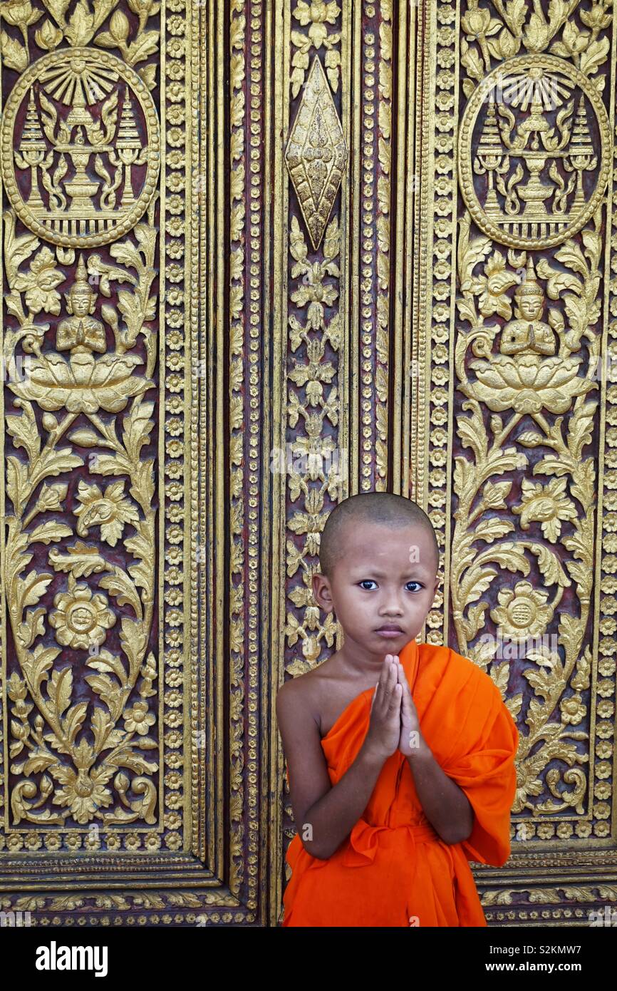 Little buddha: child monk with folded hands. In front of a golden door of a royal palace in cambodia. Stock Photo