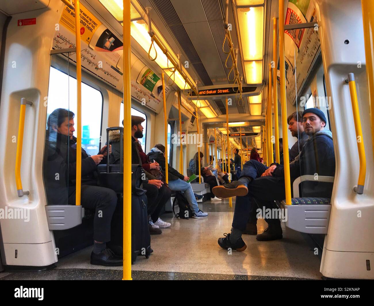 Onboard a circle line train on the London Underground. - Smartphone Captured Stock Image