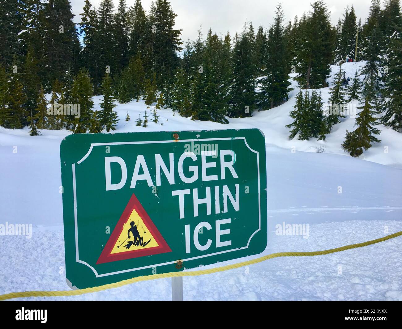 Danger Thin Ice sign, Cypress Mountain, Vancouver, British Columbia, Canada Stock Photo