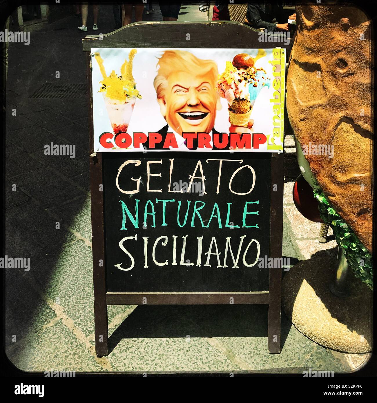 Ice cream menu board, Sicilian Gelato. Today’s special, Coppa Trump Stock Photo