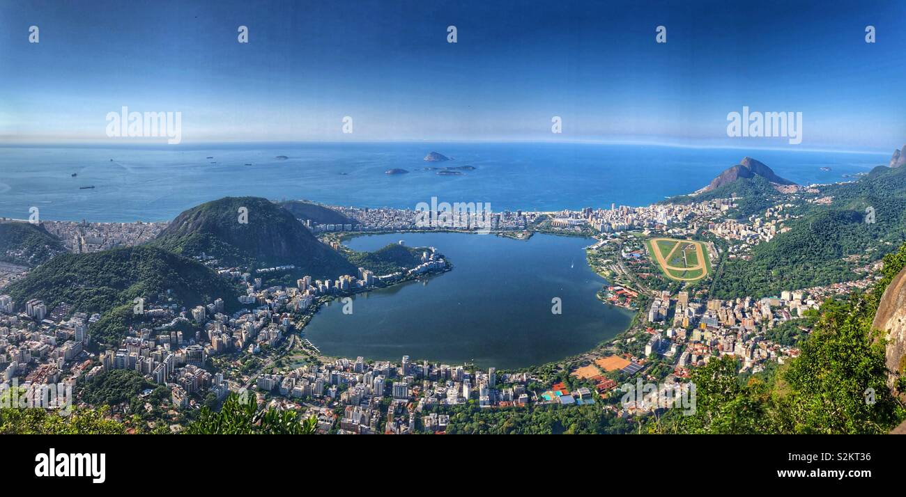 Panoramic view of Rio de Janeiro - the sea, lagoon, Ipanema, hippodrome from Corcovado. - Smartphone Captured Stock Image