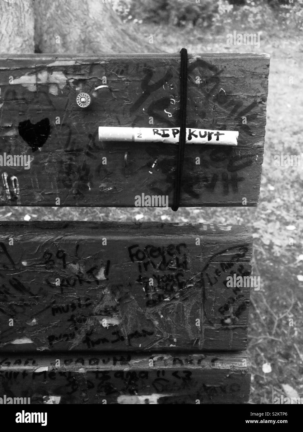 Bench outside Kurt Cobain’s house where he died Stock Photo