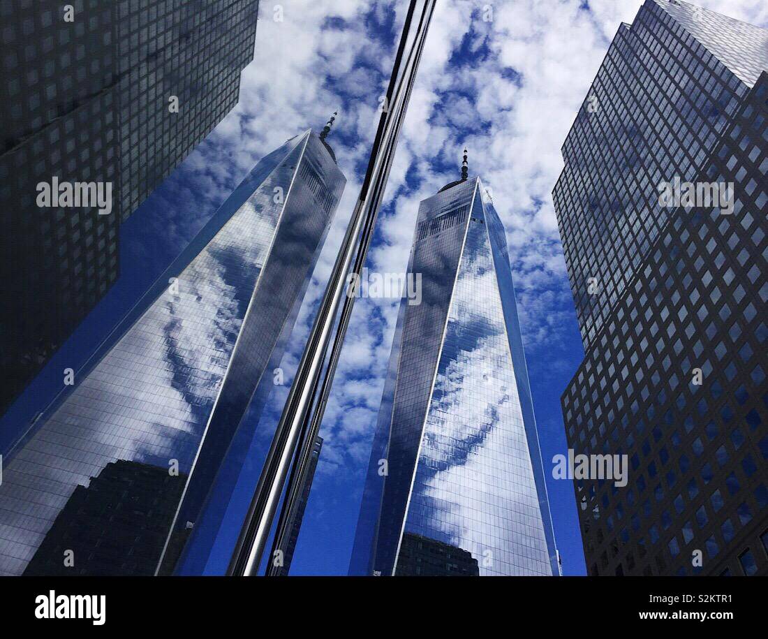 One World Trade Center and reflection, Lower Manhattan, New York, USA - Smartphone Captured Stock Image