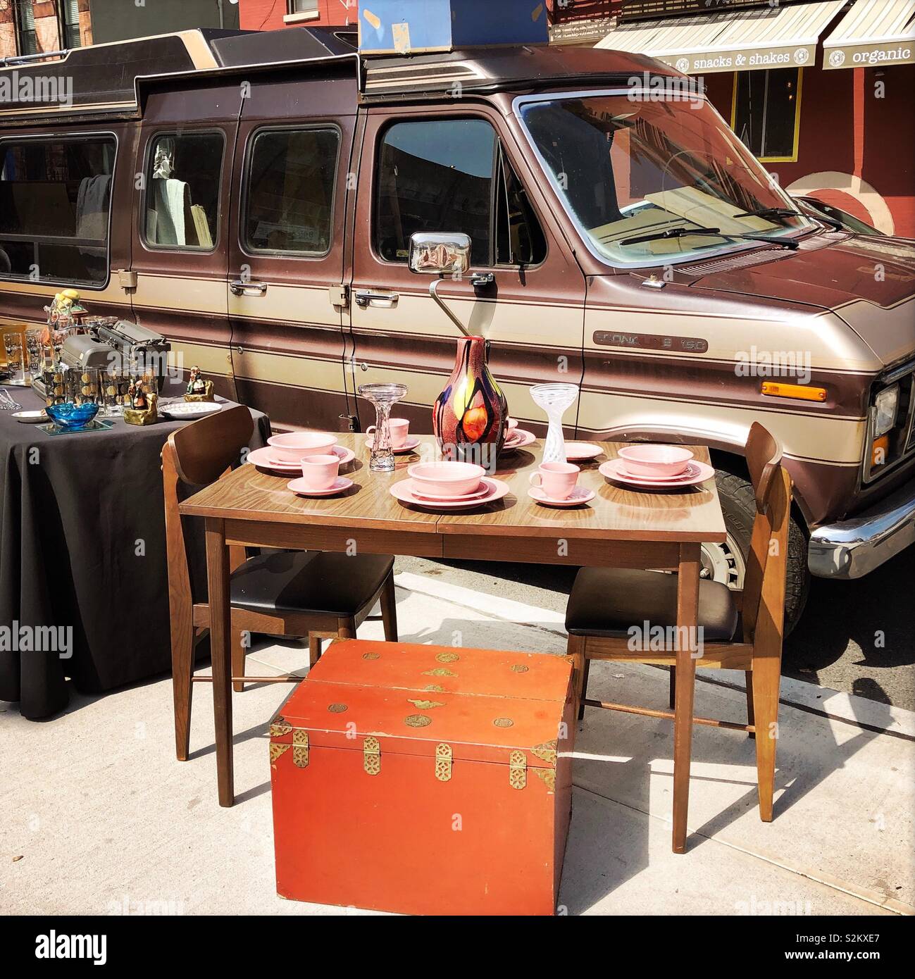 Vintage table and chairs at flea market, Brooklyn, New York. - Smartphone Captured Stock Image