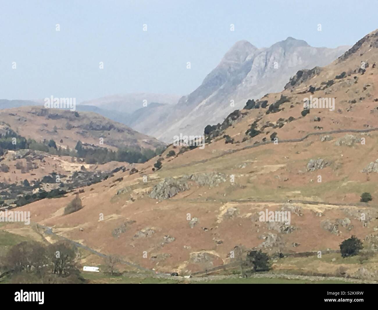 The Langdale Pikes seen from Little Langdale Stock Photo