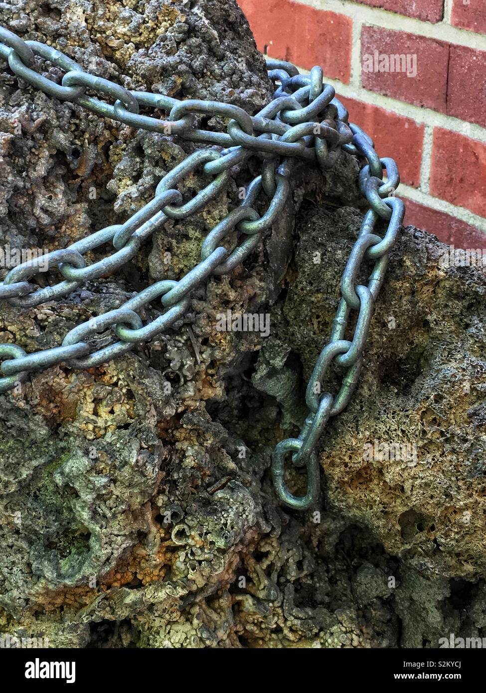 Stainless steel plated straight link chain draped over a porous limestone rock. - Smartphone Captured Stock Image