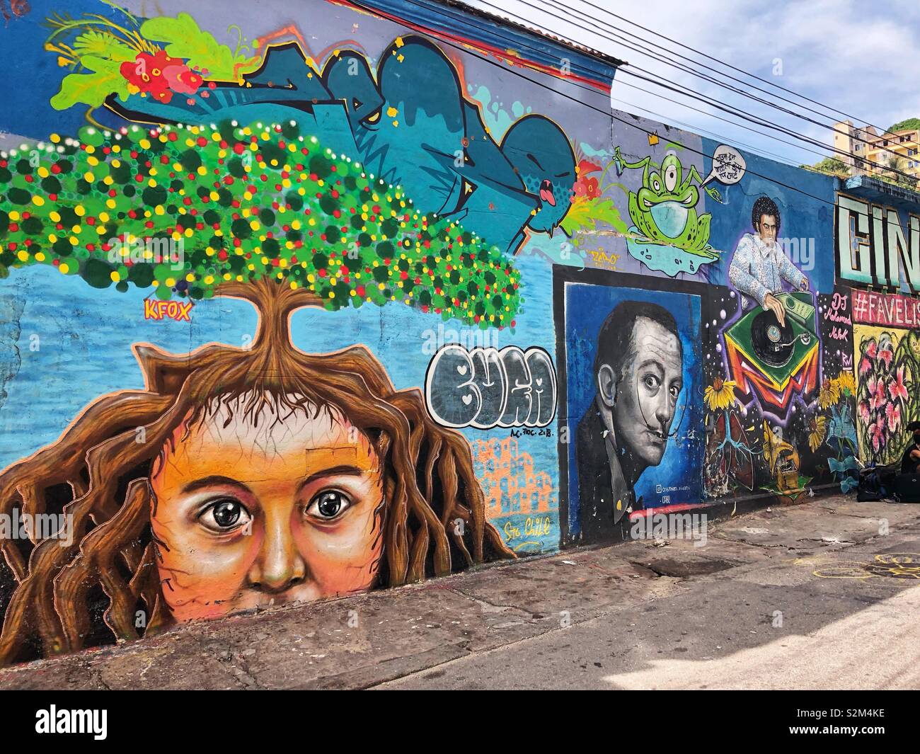 A neighbourhood street in Rio de Janeiro lined with vivid urban art murals. - Smartphone Captured Stock Image