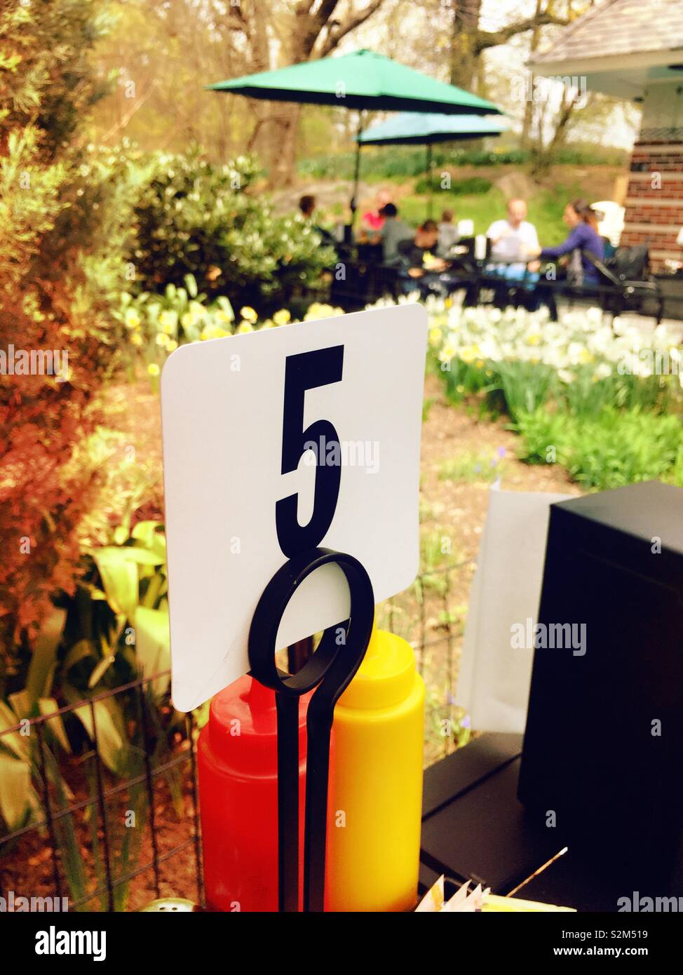 Table number five at the outdoor ballfields Café in central park, NYC, USA - Smartphone Captured Stock Image