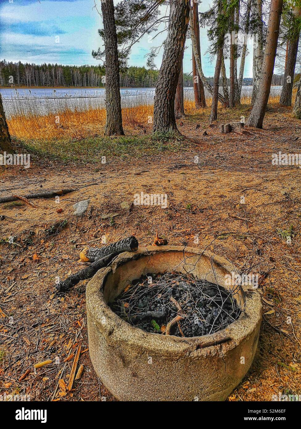 Fire pit, Bjorno Nature Reserve, Stockholm archipelago, Sweden, Scandinavia - Smartphone Captured Stock Image