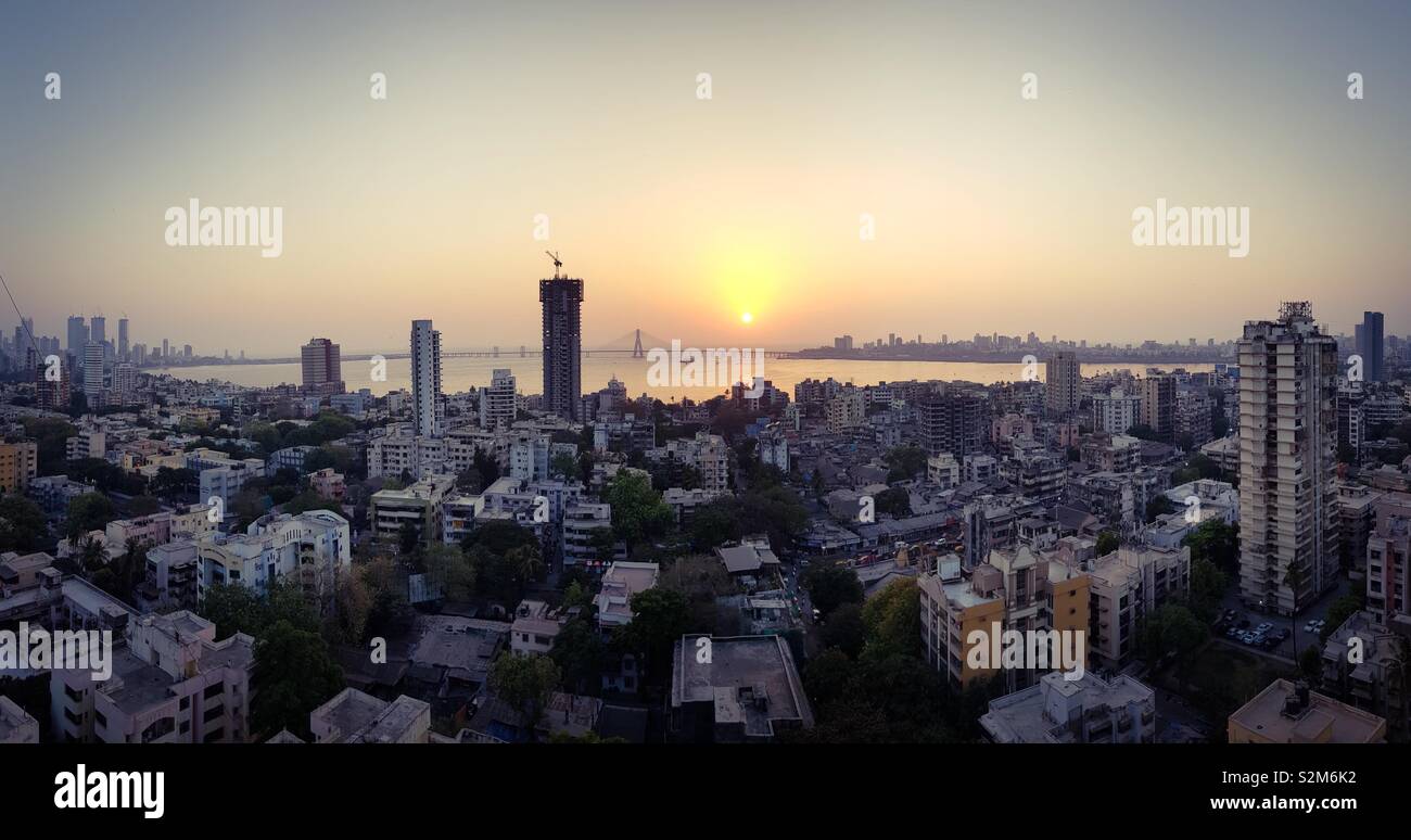 Panoramic view of Mahim bay and Bandra Worli Sea link bridge, Mumbai, India Stock Photo