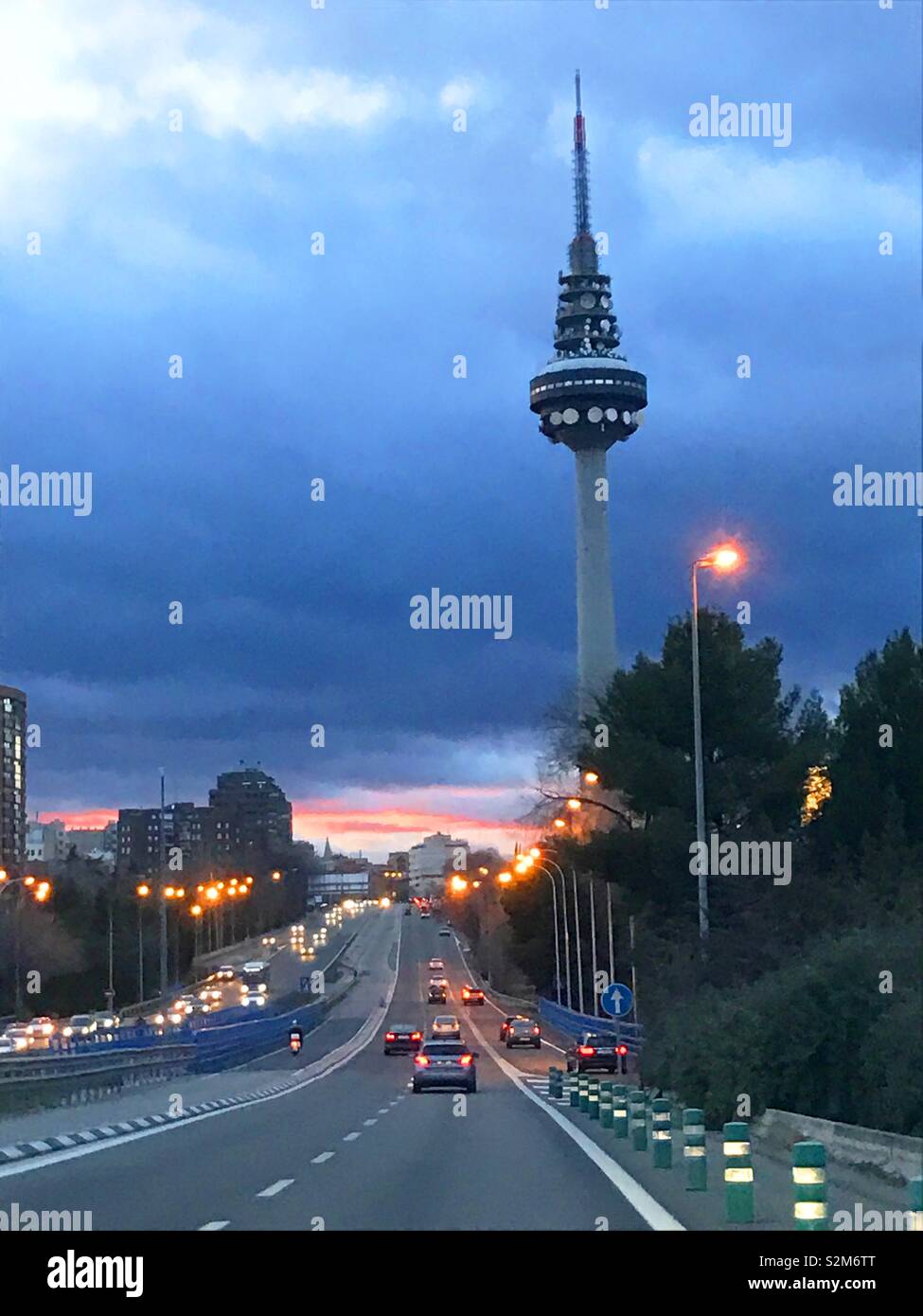 Highway and communications antenna. Night view. Madrid, Spain. - Smartphone Captured Stock Image